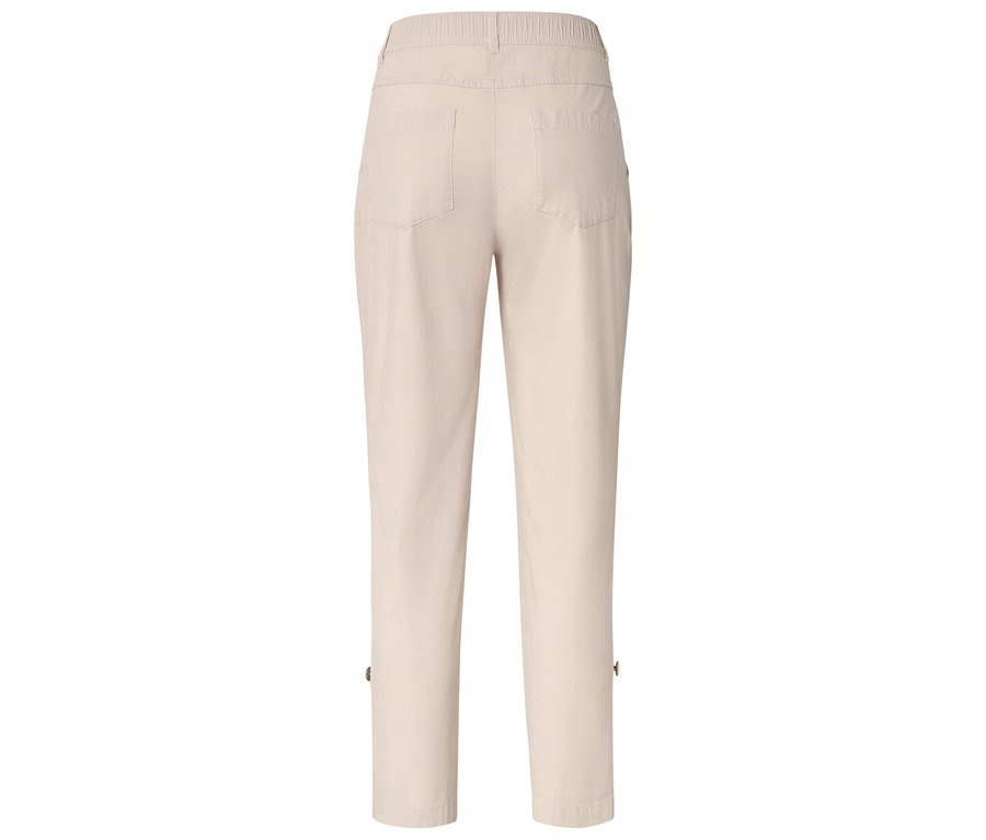 Vue arrière d'un pantalon beige clair avec une taille élastique et des boutons à l'ourlet.