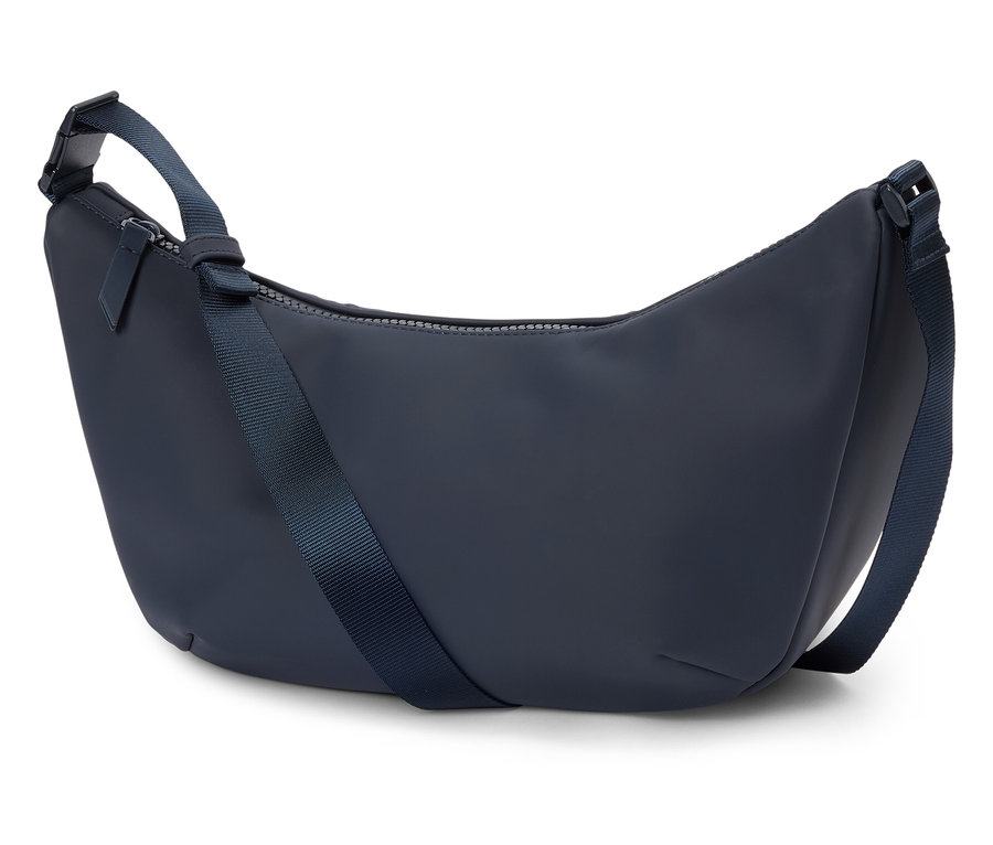 Sac à bandoulière bleu marine avec bandoulière bleu marine sur fond blanc.