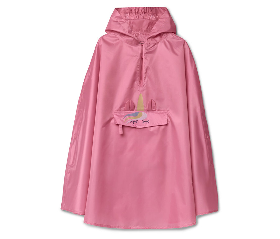 Poncho de pluie rose avec capuche et motif de licorne sur la poche.