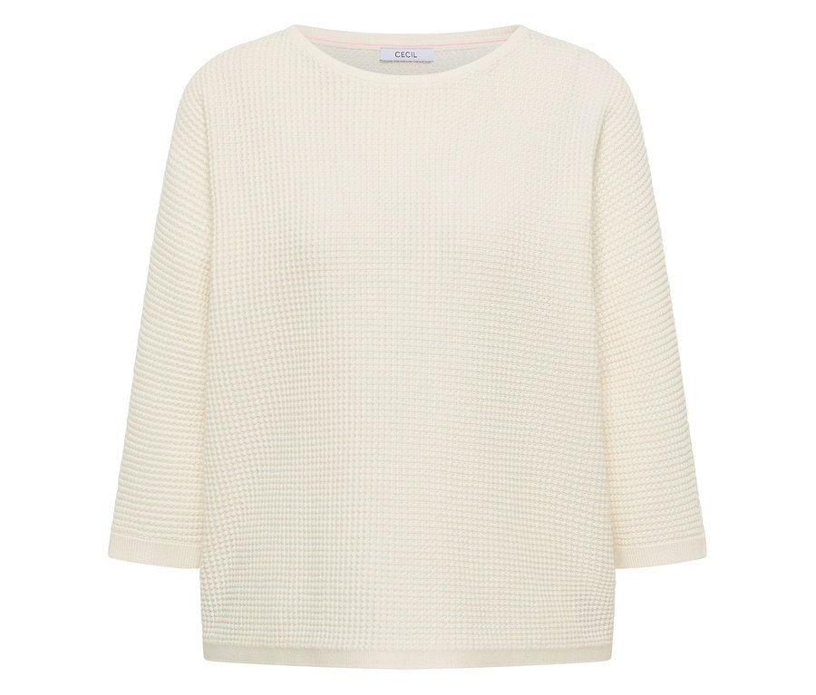 Le pull en maille fine CECIL couleur crème a un col rond et des manches trois quarts.