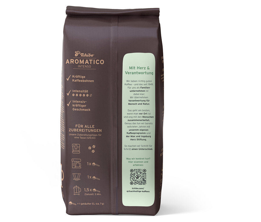 Un paquet de café en grains Aromatico Intenso – 1 kg de Tchibo est présenté verticalement.