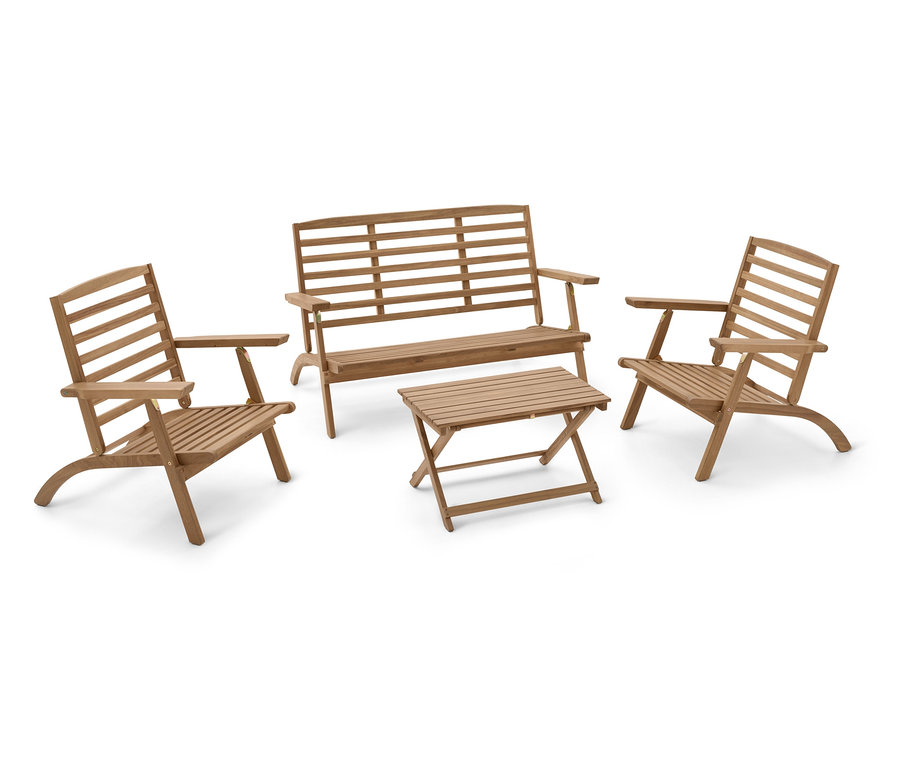 Ensemble de jardin en bois composé d'un banc, de deux chaises et d'une table.