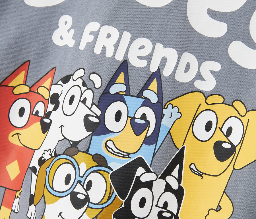 Impression sur un tissu gris avec des personnages de dessins animés Bluey & Friends.
