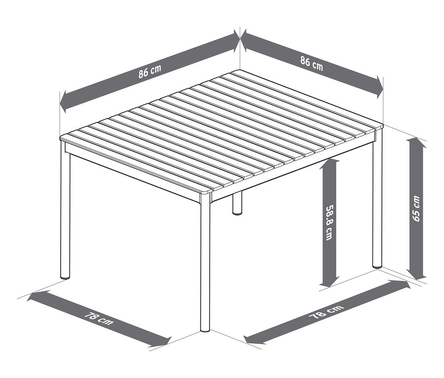 Illustration du coin repas-détente « Elin » avec des largeurs de 86 cm et des profondeurs de 78 cm.