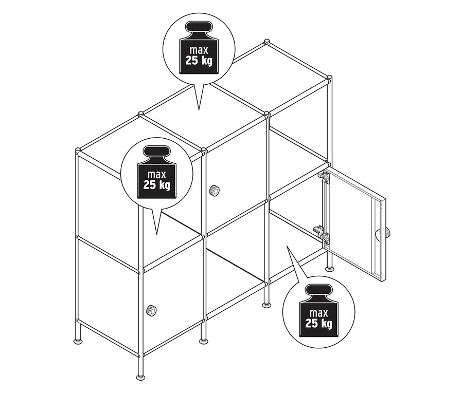 Vue de dessus d'un système d'étagères modulaires avec des portes partiellement ouvertes et des instructions pour un poids maximum de 25 kg.