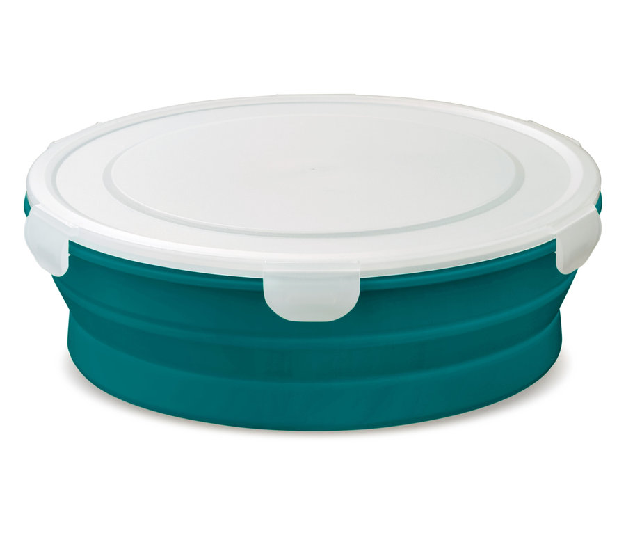 Une boîte à lunch turquoise, ronde et pliable avec un couvercle blanc.