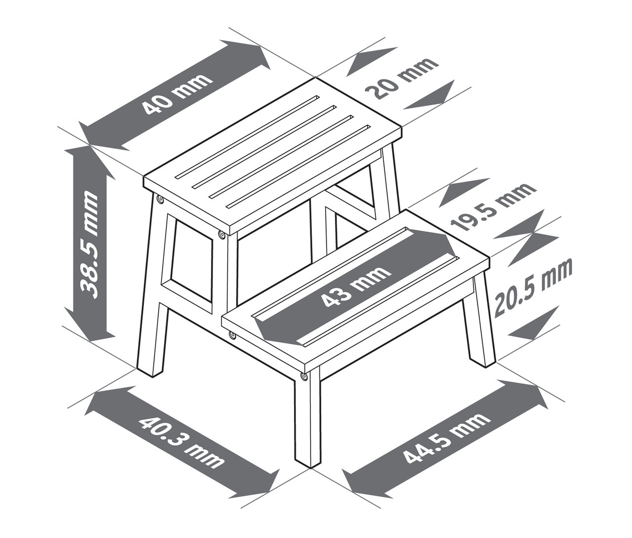 Illustration d'un tabouret en bois massif avec des dimensions en millimètres.