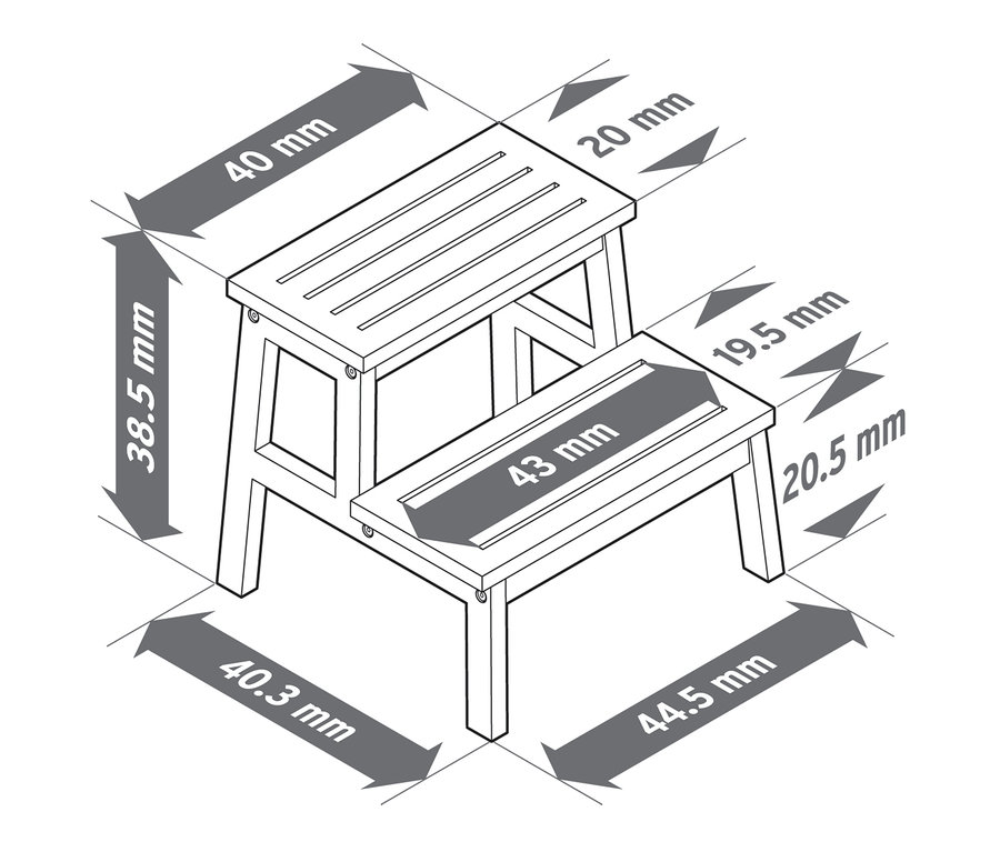 Illustration d'un tabouret en bois massif avec des dimensions en millimètres.
