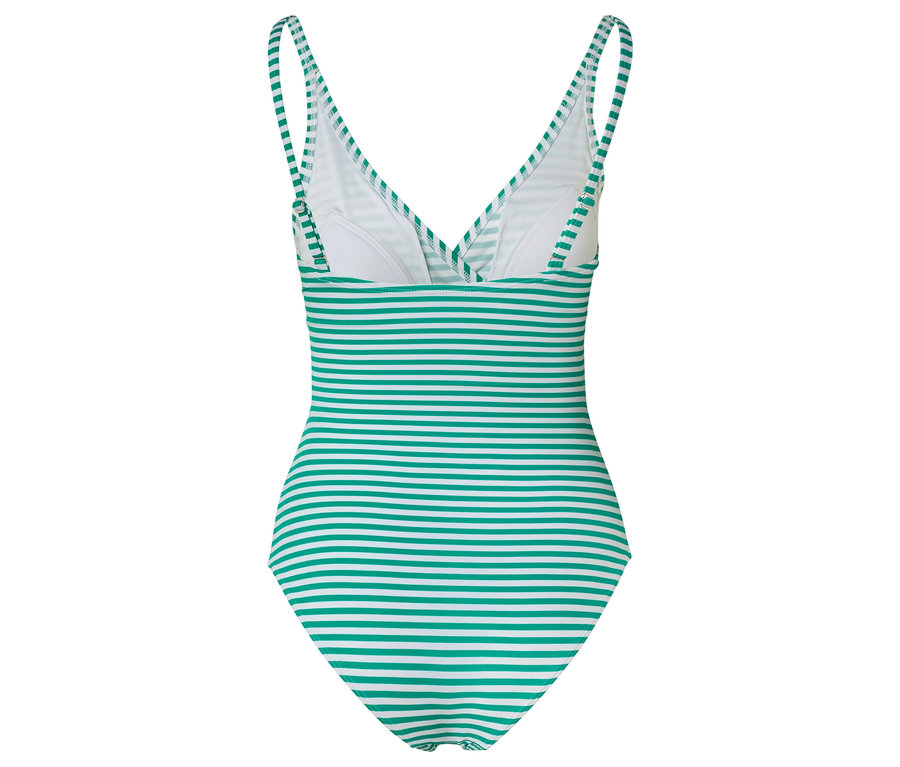 Vue arrière d'un maillot de bain une pièce rayé blanc et turquoise.
