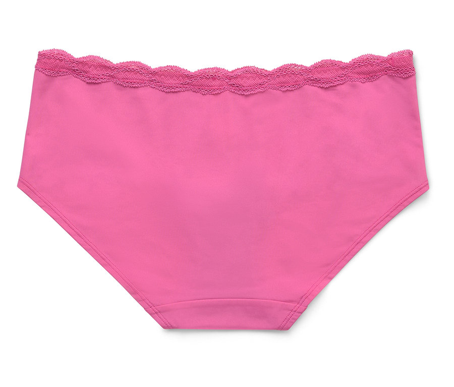 Gros plan d'une culotte rose unique avec une bordure en dentelle.