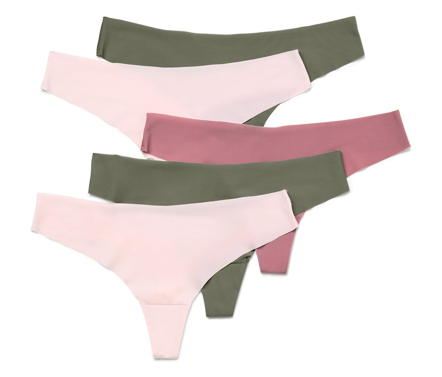 Cinq strings de couleur rose, vieux rose et vert olive sont superposés.