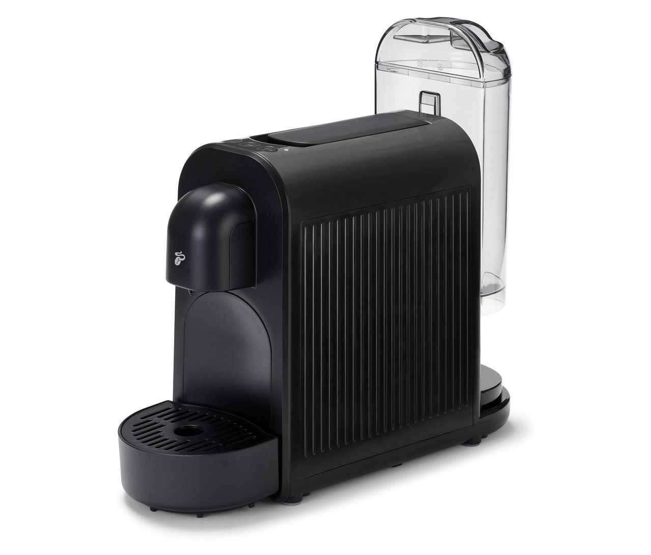 La machine à café noire Cafissimo now black est posée sur un fond blanc.