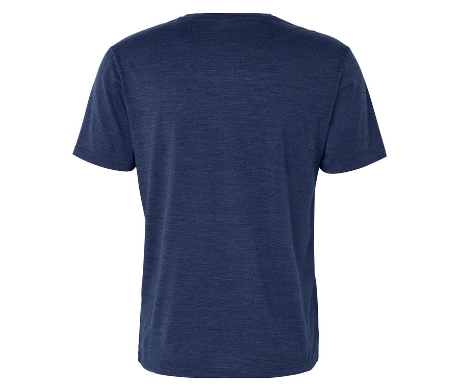 T-shirt bleu foncé, vu de dos, avec des manches courtes et un col rond. Le tissu a une texture chinée.