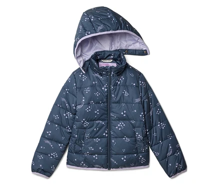 Veste bleu marine matelassée à capuche et doublure violette, ornée d'étoiles filantes et d'étoiles.