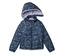 Veste bleu marine matelassée à capuche et doublure violette, ornée d'étoiles filantes et d'étoiles.