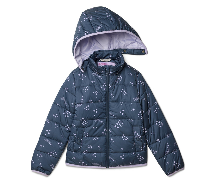 Veste bleu marine matelassée à capuche et doublure violette, ornée d'étoiles filantes et d'étoiles.