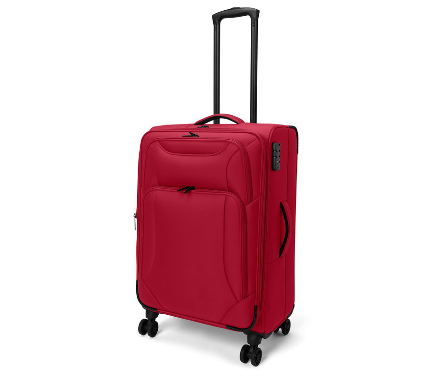 Valise en tissu, moyenne, rouge, avec poignée télescopique noire déployée, quatre roues et cadenas à combinaison.