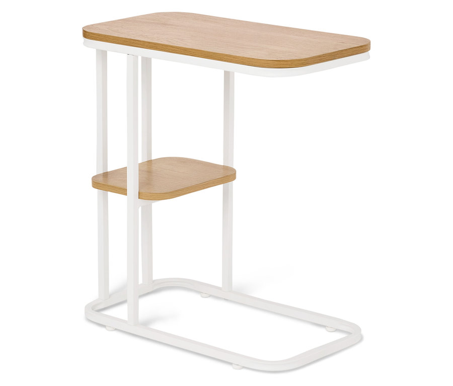 Table d'appoint avec plateaux en bois et cadre en métal blanc.