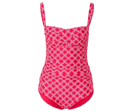 Un maillot de bain rouge avec un motif géométrique blanc.