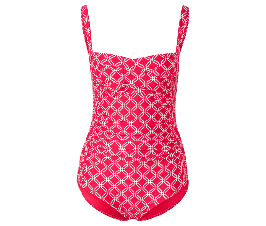 Un maillot de bain rouge avec un motif géométrique blanc.