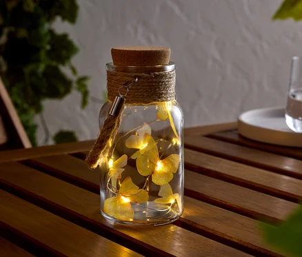 Bocal en verre avec bouchon en liège, entouré d'une corde, avec une guirlande lumineuse avec des papillons à l'intérieur, sur une table en bois.