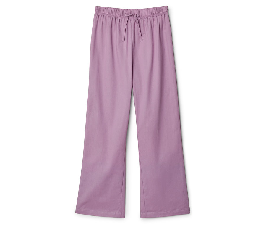 Pantalon long en tissu violet avec cordon de serrage sur fond blanc.