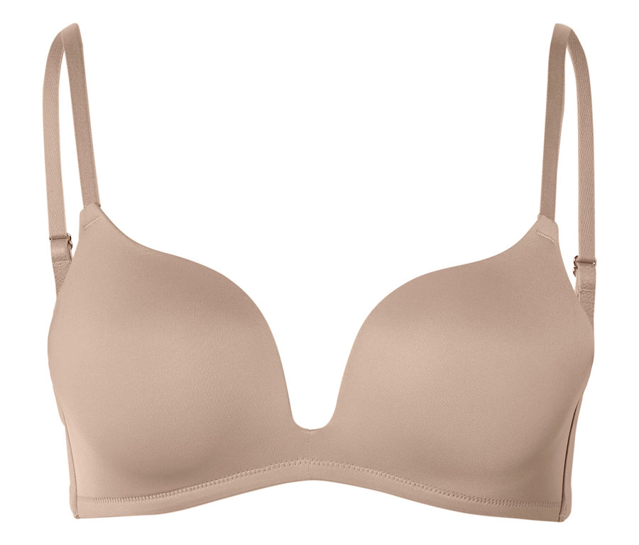 Soutien-gorge push-up beige avec de fines bretelles réglables et un décolleté en V profond.