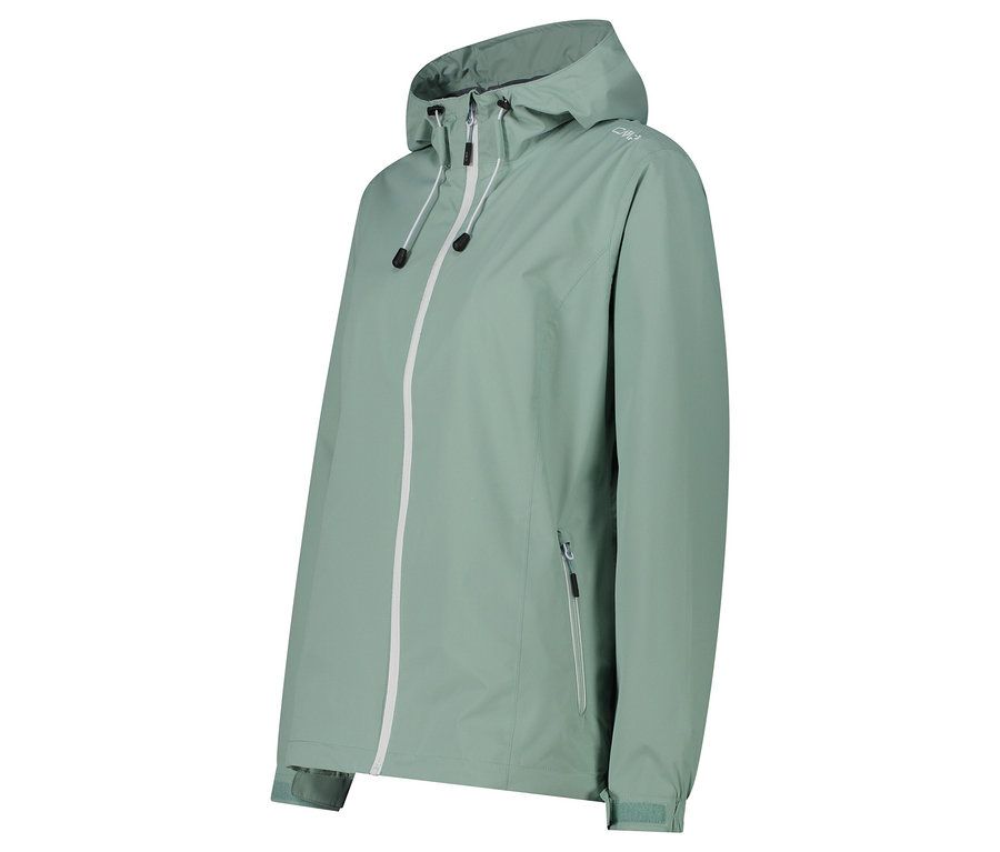 Veste de pluie CMP vert clair avec capuche et fermeture éclair blanche.