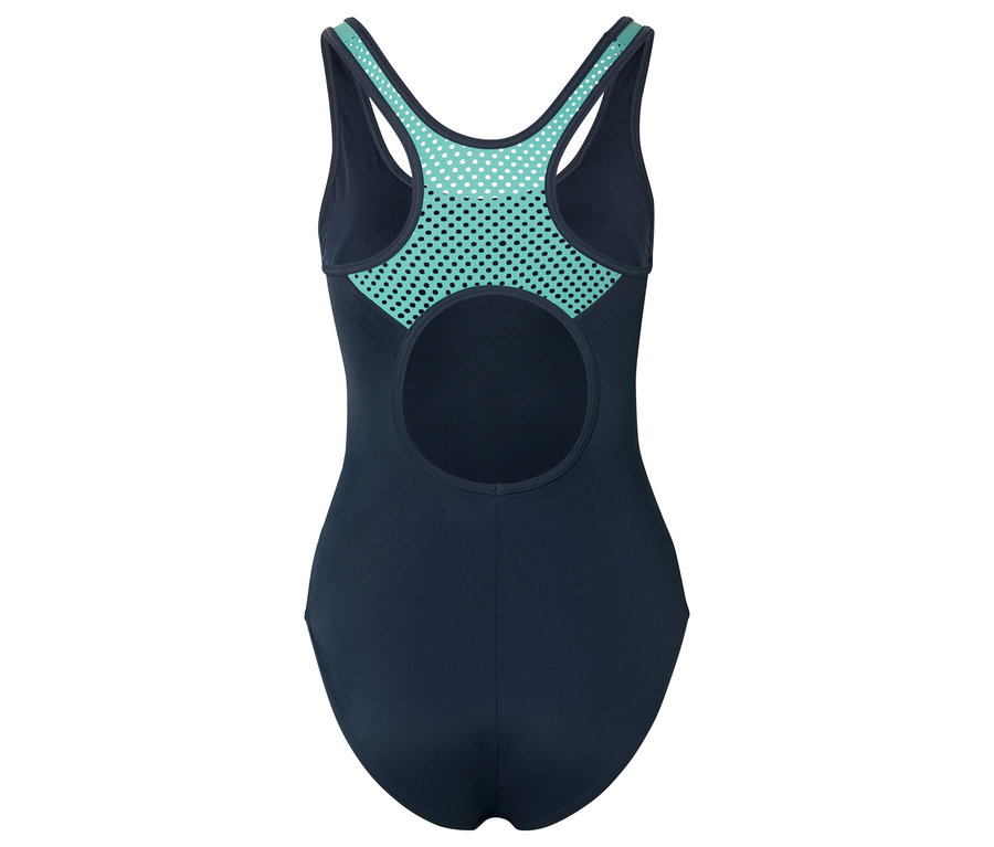 Vue arrière d'un maillot de bain bleu marine avec maille turquoise et motif à pois.