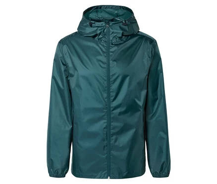 Une veste de pluie vert foncé à capuche est visible sur un fond blanc.