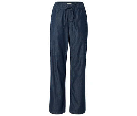 Jean Wide-Komfort bleu foncé à jambe large et taille à cordon de serrage.