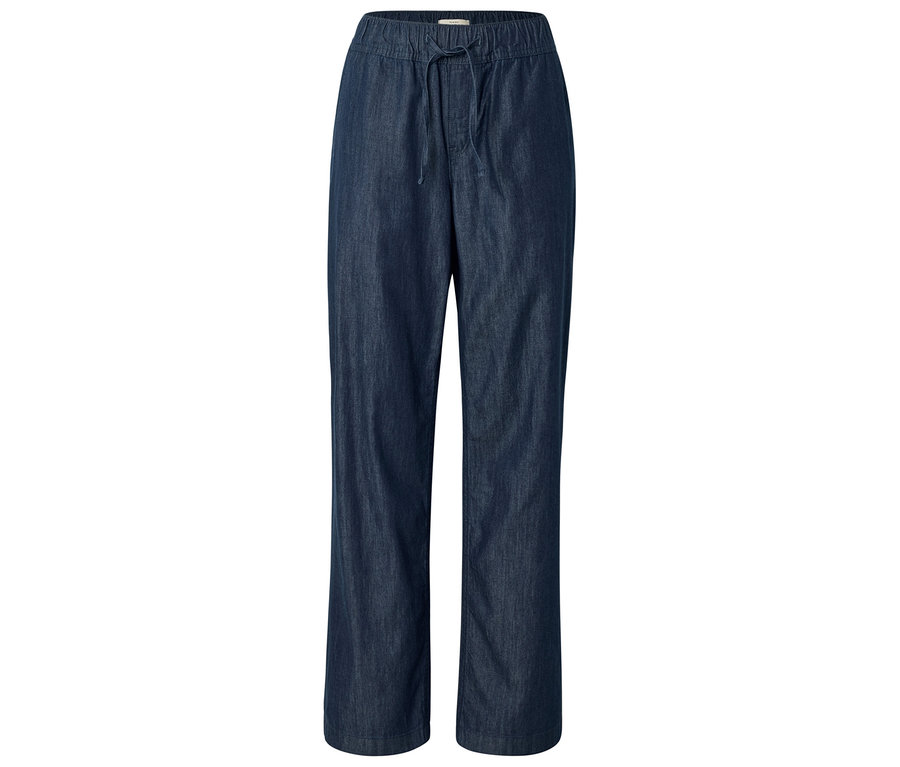 Jean Wide-Komfort bleu foncé à jambe large et taille à cordon de serrage.