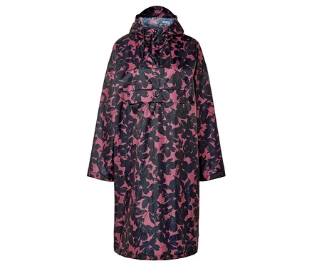 Longueur totale d'un imperméable rose à capuche avec un motif floral noir.