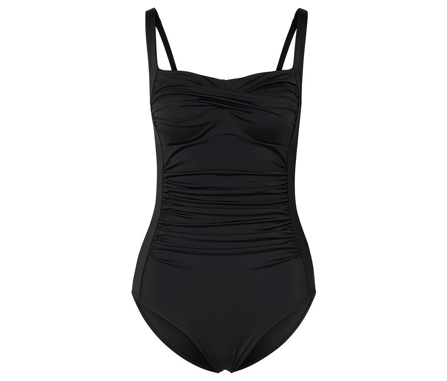 Maillot de bain modelant noir avec bretelles et fronces sur la poitrine.