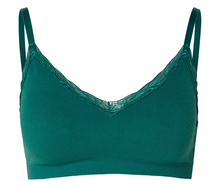 Soutien-gorge vert à fines bretelles avec bordure en dentelle sur le décolleté.