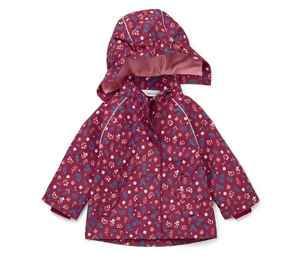 Veste enfant bordeaux à capuche, imprimé floral intégral, poches et passepoils réfléchissants.