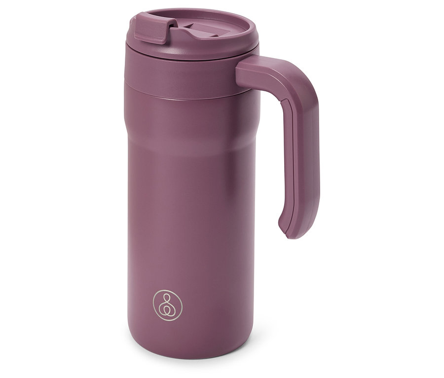 Gourde isotherme violette avec couvercle et poignée, sur fond blanc.