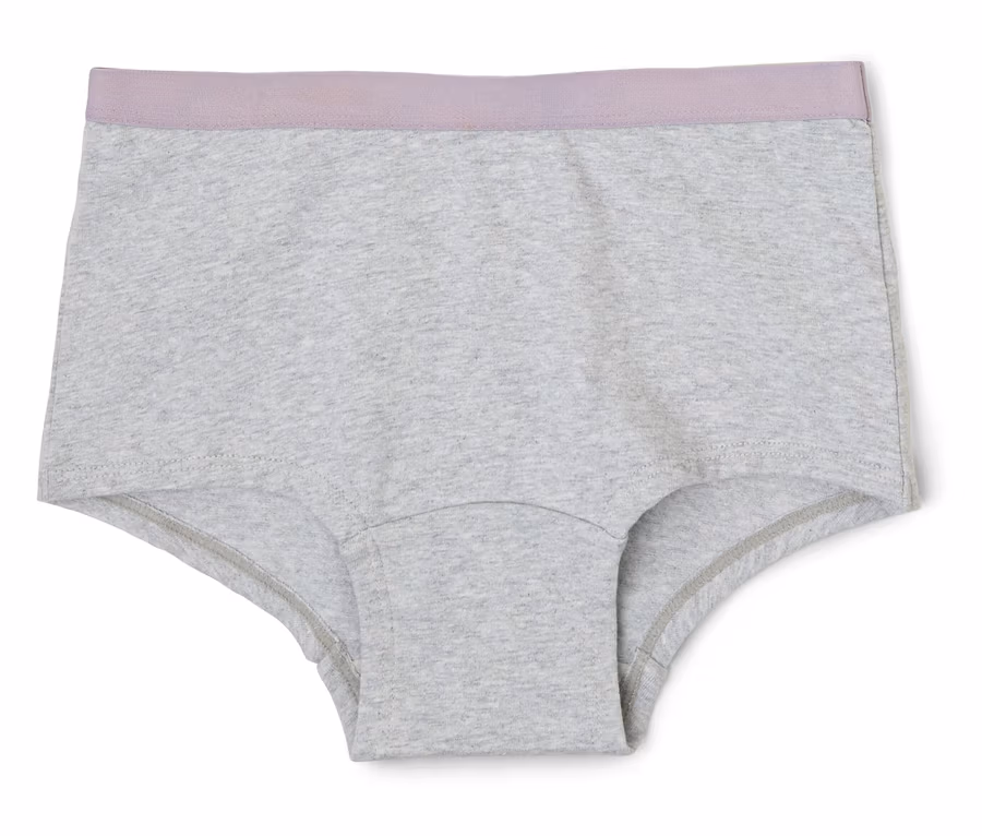 Culotte grise pour femme avec une ceinture violette sur fond blanc.