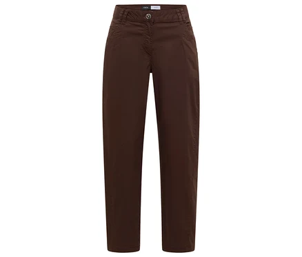 Pantalon barrel CECIL « Scarlett » marron avec fermeture boutonnée et zippée, posé à plat sur un fond blanc.