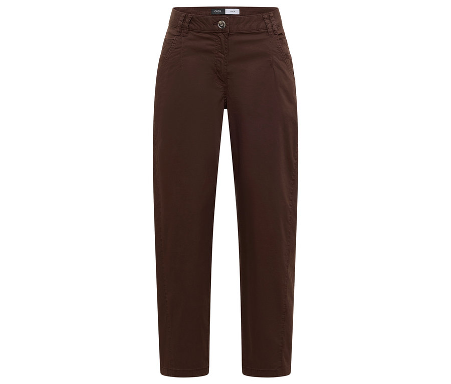 Pantalon barrel CECIL « Scarlett » marron avec fermeture boutonnée et zippée, posé à plat sur un fond blanc.