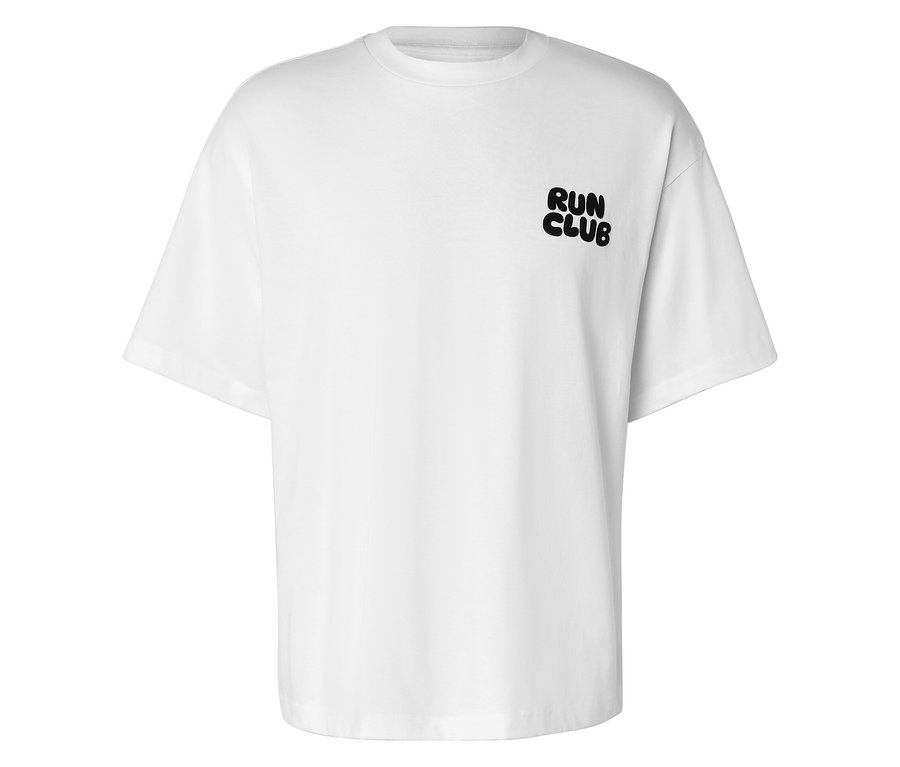 T-shirt de sport blanc avec inscription noire 'RUN CLUB' sur la poitrine.