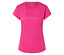 Un haut de sport rose à manches courtes posé sur un fond blanc.