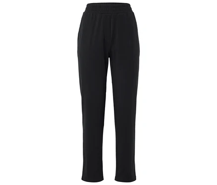 Un pantalon de survêtement noir à taille élastique sur fond blanc.