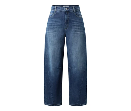 Jean denim bleu à jambes larges, taille haute et détails délavés sur les cuisses et les genoux.