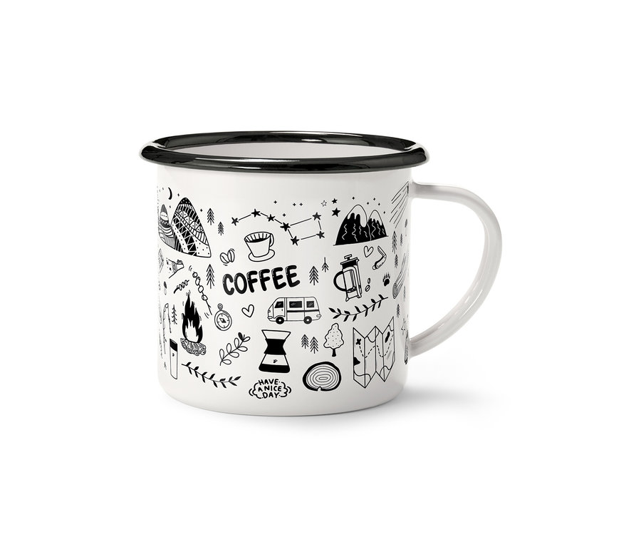 Tasse blanche à bord noir et anse, ornée de motifs d'extérieur noirs et du mot « Coffee ».