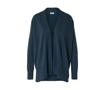 Cardigan en maille bleu foncé ouvert, à manches longues et coupe décontractée.