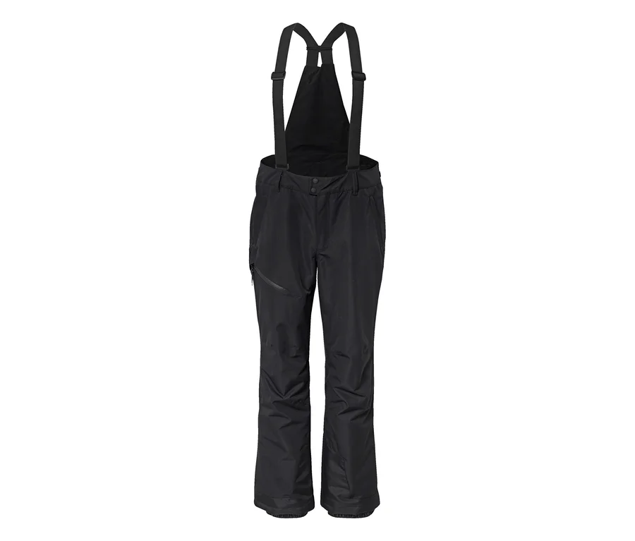 Pantalon de ski noir à bretelles avec une poche zippée sur la cuisse gauche.