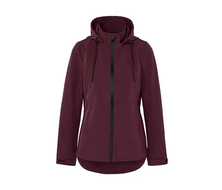 Veste bordeaux avec capuche et fermeture éclair noire au centre.