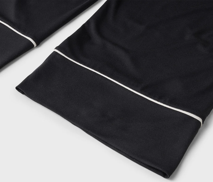 Deux morceaux de tissu noir avec un passepoil blanc le long des bords, posés sur une surface gris clair.
