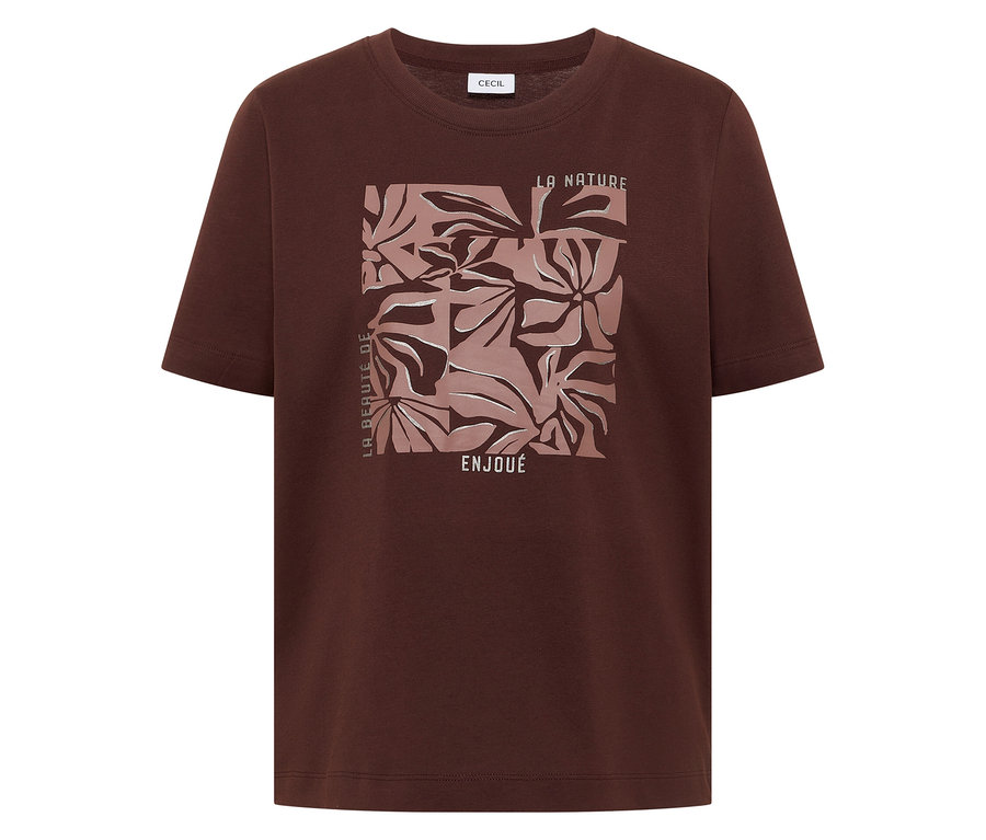 T-shirt à motif CECIL marron avec un imprimé carré aux tons roses, représentant des feuilles abstraites et les inscriptions "LA NATURE", "LA BEAUTÉ DE", "ENJOUÉ".